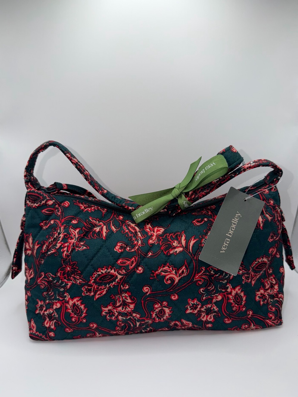 Vera Bradley Teal Quilted Cosmetic Bag with Red Floral Print